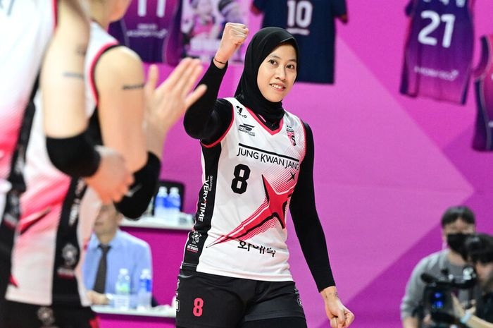 Megawati saat memperkuat Daejeon JungKwanJang Red Sparks pada laga kelima final Liga Voli Korea di Samsan World Gymnasium, Selasa (8/4).