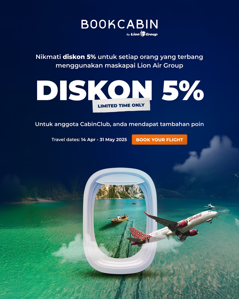 Nikmati diskon 5 persen maskapai Lion Air Grup di aplikasi BookCabin.