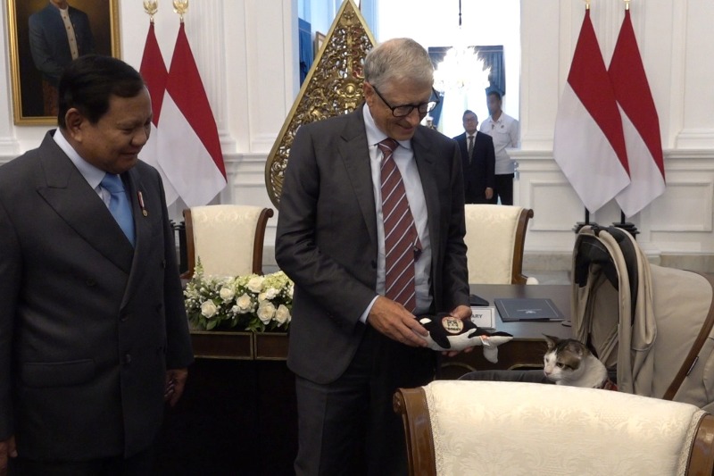 Pendiri Microsof Bill Gates memberikan hadiah kepada kucing kesayangan Presiden Prabowo, Bobby Kertanegara di Istana Jakarta, Rabu (7/5/2025).