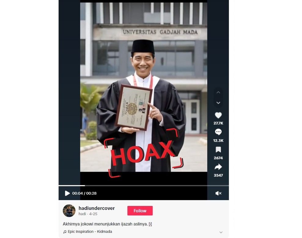 Tangkapan layar video palsu Jokowi menunjukkan ijazah.