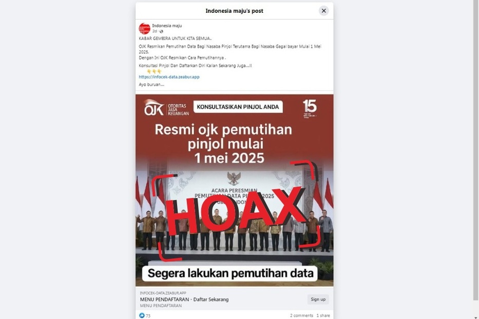 Sebuah unggahan yang menyatakan OJK putihkan utang pinjol mulai 1 Mei. Faktanya, OJK menyatakan pernyataan tersebut hoaks.