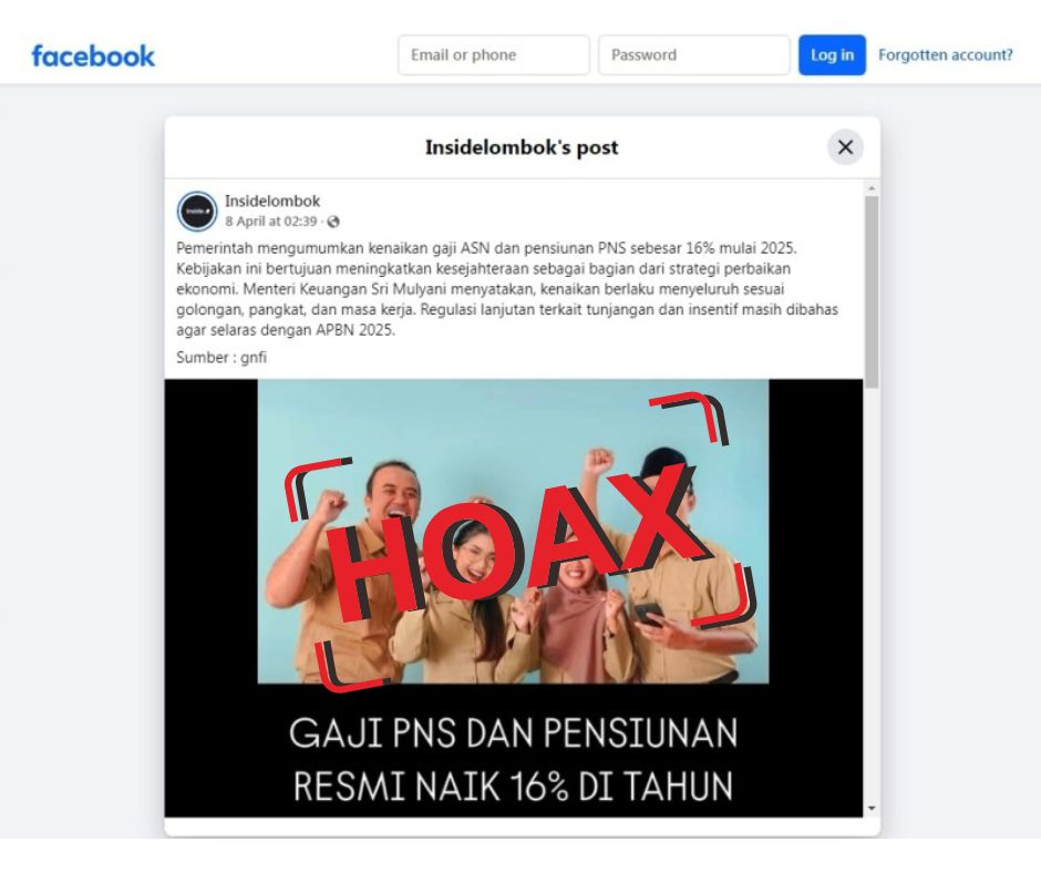 Tangkapan layar hoaks, gaji PNS dan Pensiunan resmi naik 16 persen pada tahun 2025.
