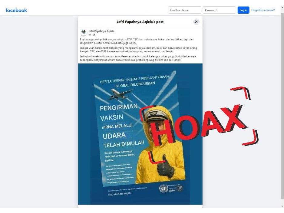 Narasi di media sosial yang menyebut penyebaran vaksin TBC akan dilakukan melalui udara menggunakan pesawat adalah hoaks.