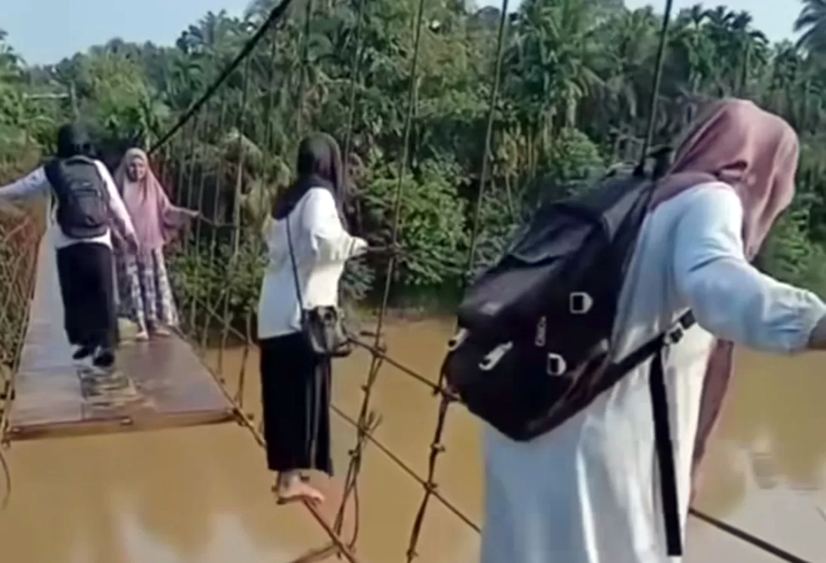 NEKAT: Perjuangan sejumlah guru SD di Jambi menyeberangi jembatan bolong dan rusak demi bisa mengajar di sekolah.