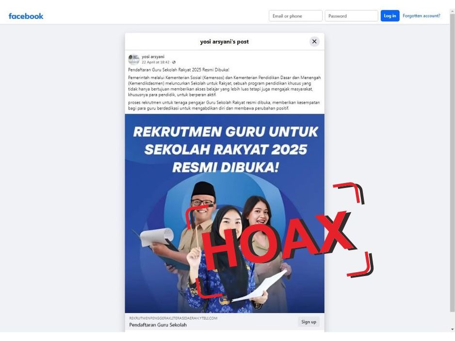 Unggahan di facebook yang membagikan tautan pendaftaran guru Sekolah Rakyat adalah hoaks.