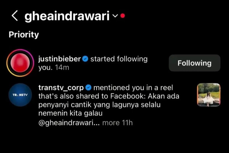 Akun Instagram Ghea Indrawari di-follow Justin Bieber.