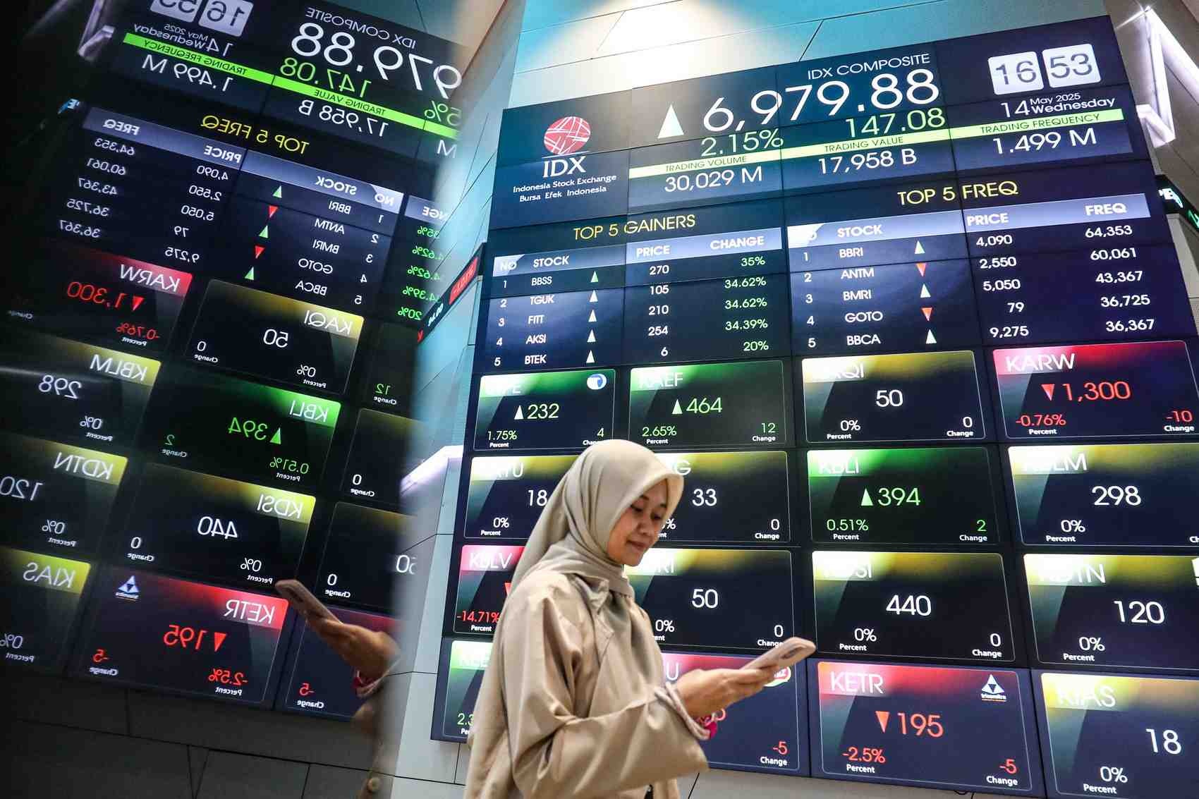 Karyawan berada di dekat layar pergerakan Indeks Harga Saham Gabungan (IHSG) di Gedung Bursa Efek Indonesia, Jakarta, Rabu (14/5). IHSG ditutup menguat pada akhir perdagangan Rabu (14/5).
