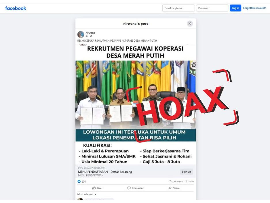 Unggahan di media sosial Facebook dengan narasi formulir pendaftaran calon pegawai Koperasi Desa Merah Putih (Kopdes) adalah hoaks.