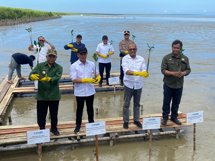 MANGGROVE: Menteri Hanif dan para pejabat melakukan penanaman mangrove di Mempawah Mangrove Park.