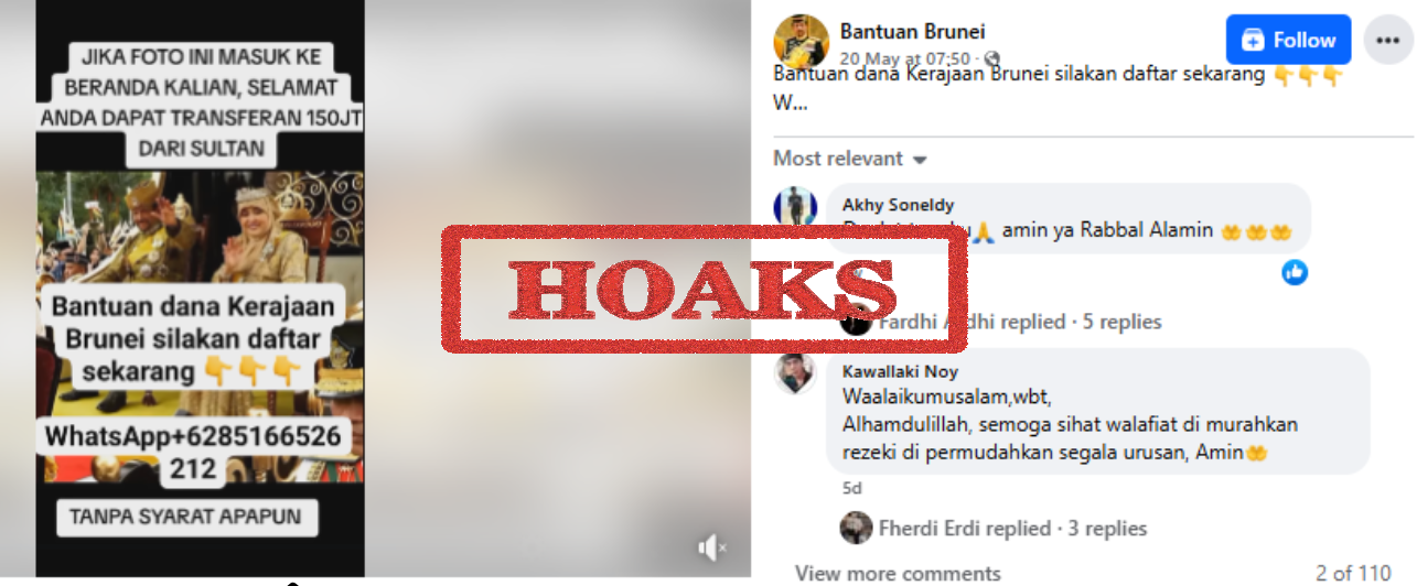 Konten di Facebook yang menyebut bahwa ada bantuan tunai langsung dari Kerajaan Brunei adalah hoaks.