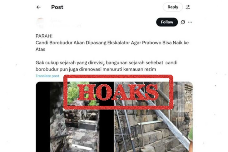 Foto yang beredar di media sosial yang menyebutkan ada pemasangan eskalator di Candi Borobudur.