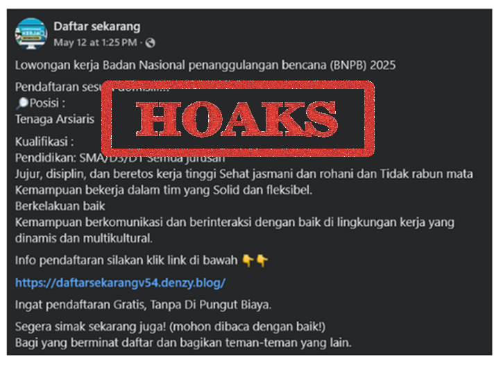 Tautan pendaftaran rekrutmen pegawai BNPB 2025 di media sosial adalah hoaks.