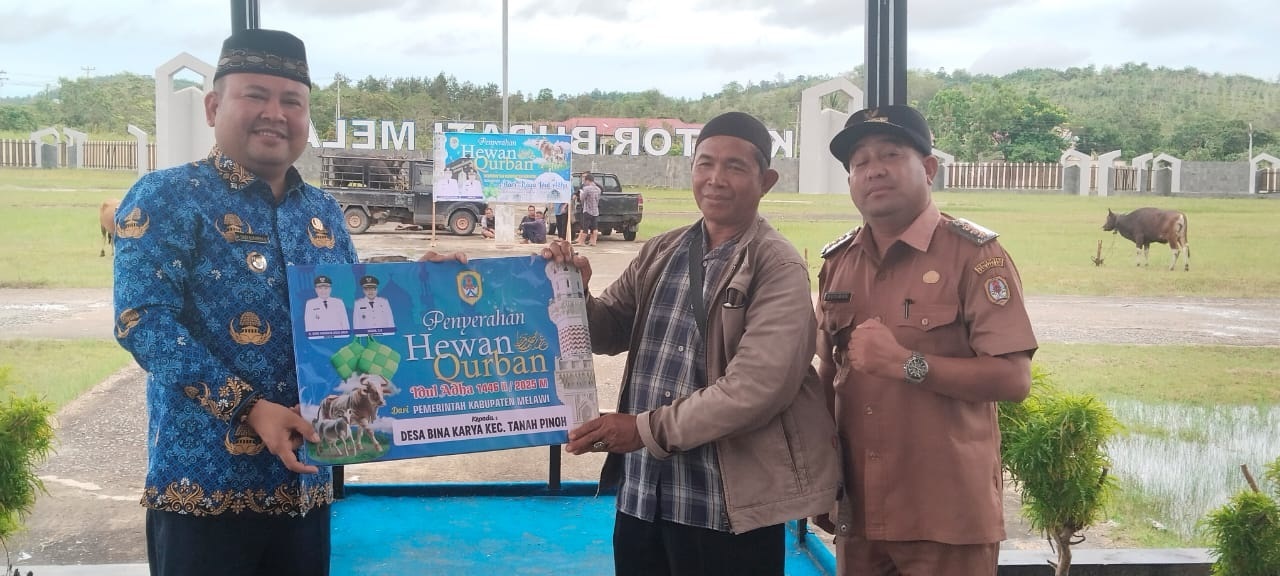 SIMBOLIS: Bupati Melawi H. Dadi Sunarya Usfa Yursa menyerahkan  secara simbolis  satu ekor sapi hewan kurban kepada Desa Bina Karya Kecamatan Tanah Pinoh.
