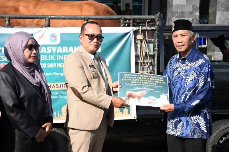 Bupati Kubu Raya, Sujiwo secara simbolis menyerahkan satu ekor sapi kurban jenis limosin dari Presiden RI kepada pengurus Masjid Darunnajah, Sungai Raya Dalam.
