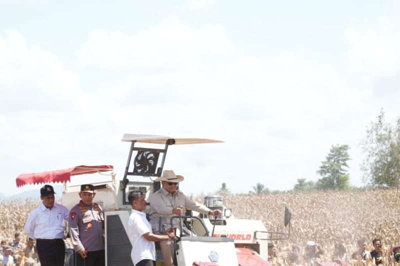 PANEN RAYA: Presiden Prabowo Subianto mengendarai kendaraan pemanen jagung, saat menghadiri panen raya jagung serentak kuartal II yang dipimpinnya langsung, di Kabupaten Bengkayang.