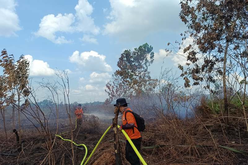 Tim BPBD Kalbar bersama TNI melakukan pemadaman kebakaran di lahan gambut di Jalan Parit PAngeran Desa Arang Limbung Kecamatan Sungai Raya Kabupaten Kubu Raya.
