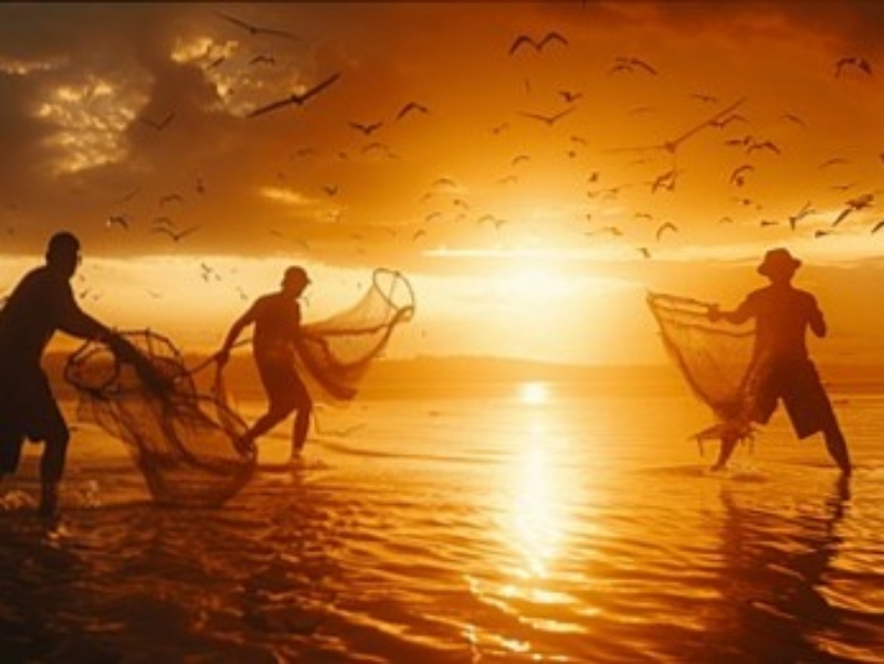 Para nelayan di tengah sunset tetap menangkap ikan untuk rejeki keluarga di rumah.