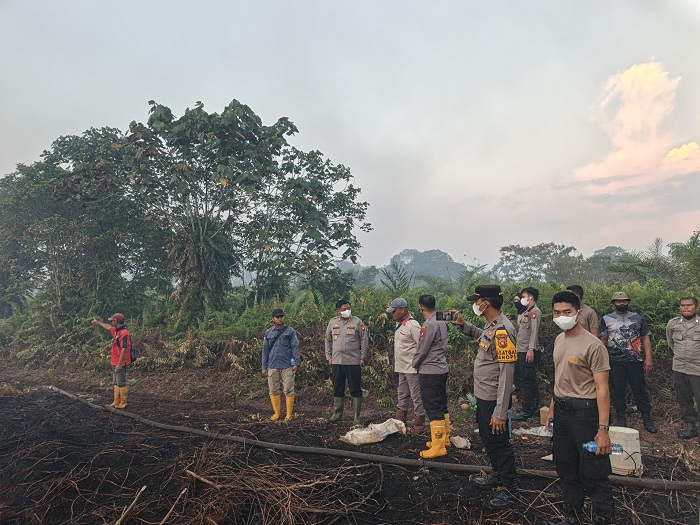 KEBAKARAN LAHAN: Kapolres Sambas saat meninjau lahan terbakar dan melakukan pemadaman di Kecamatan Tebas.