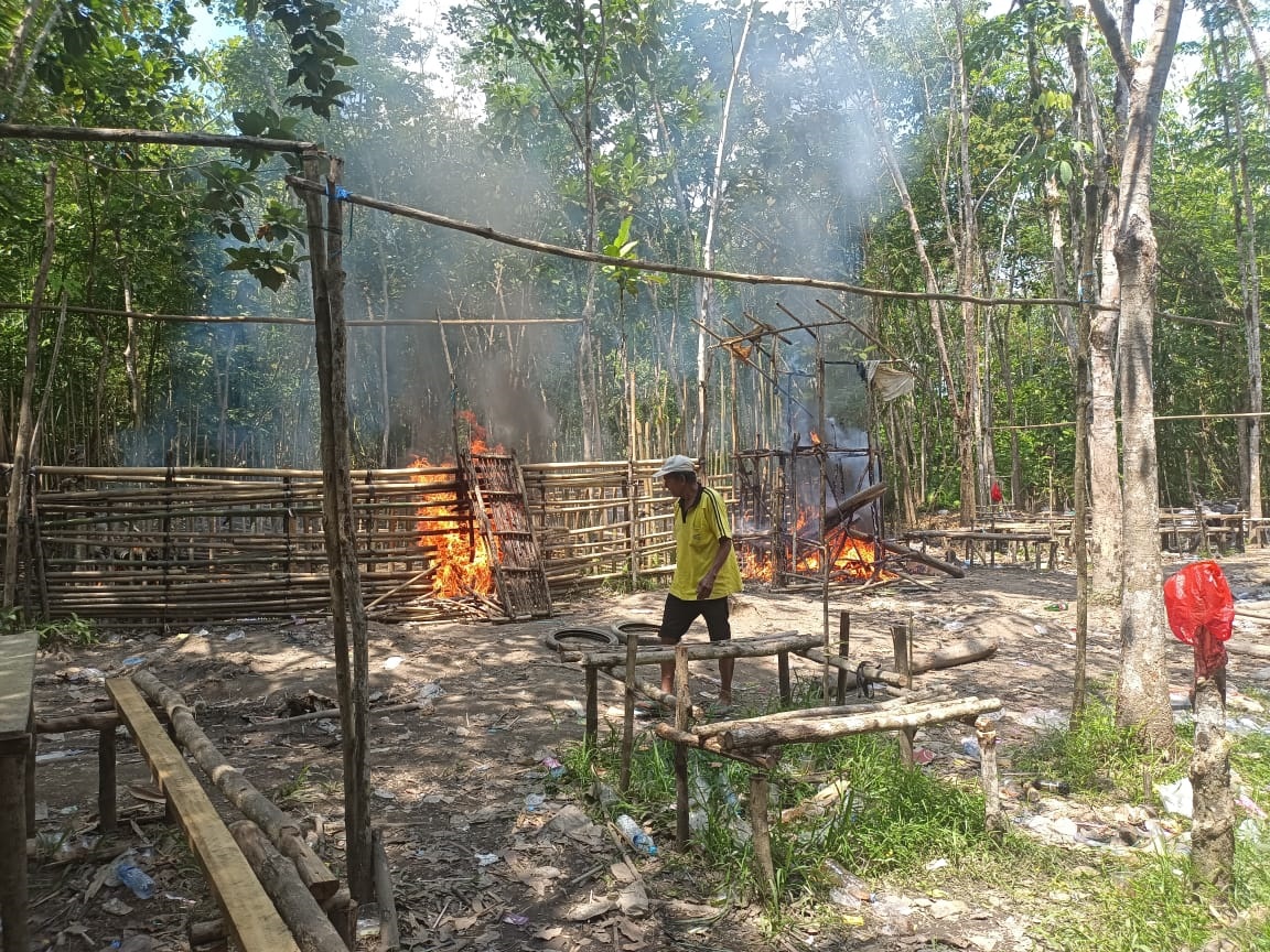SABUNG : Pemusnahan arena sabung ayam di Desa Belimbing Kecamatan Silat Hulu.