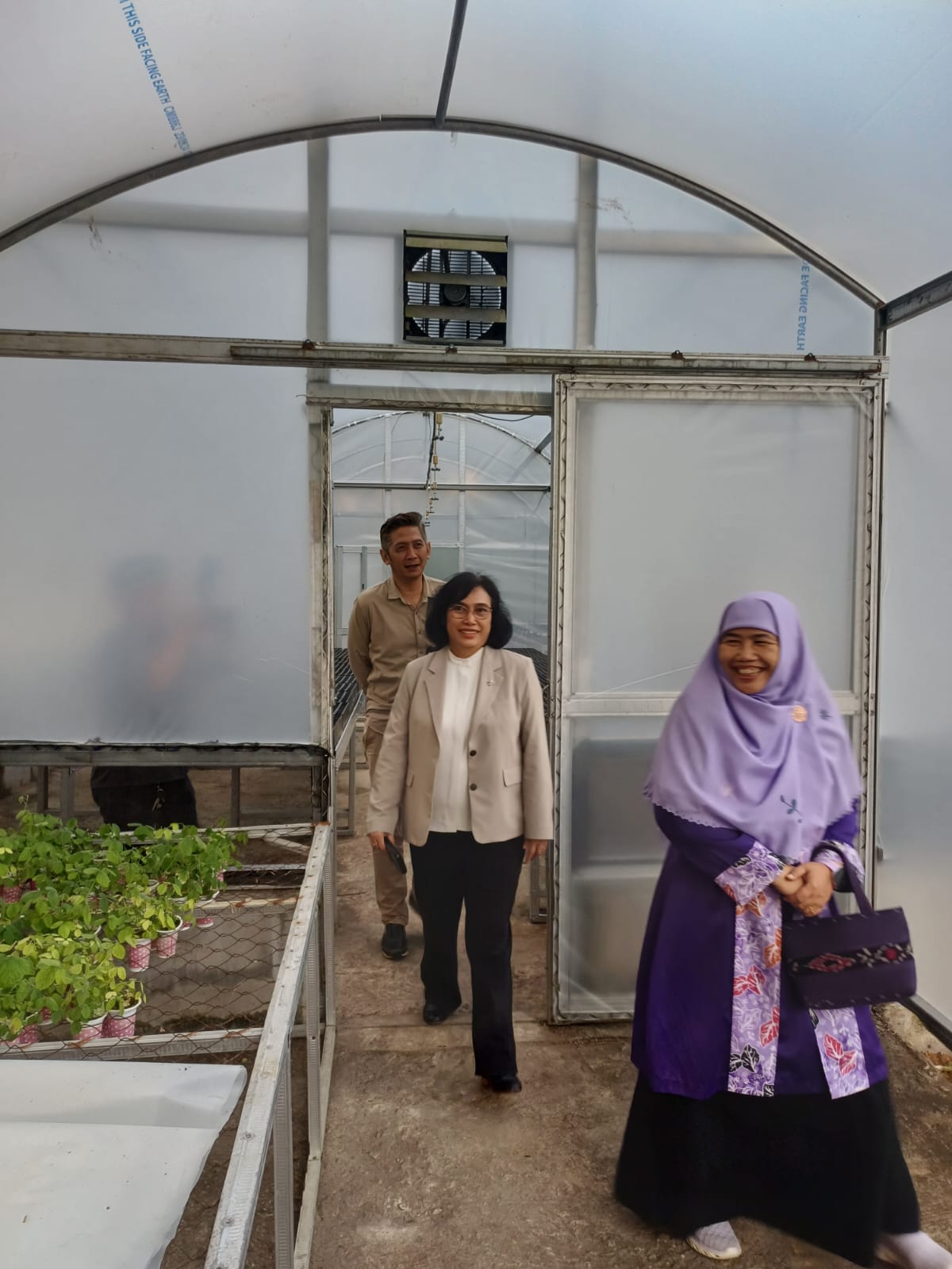 Staf Ahli Menhut Bidang Perubahan Iklim Haruni Krisnawati (tengah) tinjau Lab Persemaian bantuan PT Mayawana Persada, didampingi Kepala BPHL Kalbar Adhi Suprihadhi dan Dekan Fahutan Untan Farah Diba.