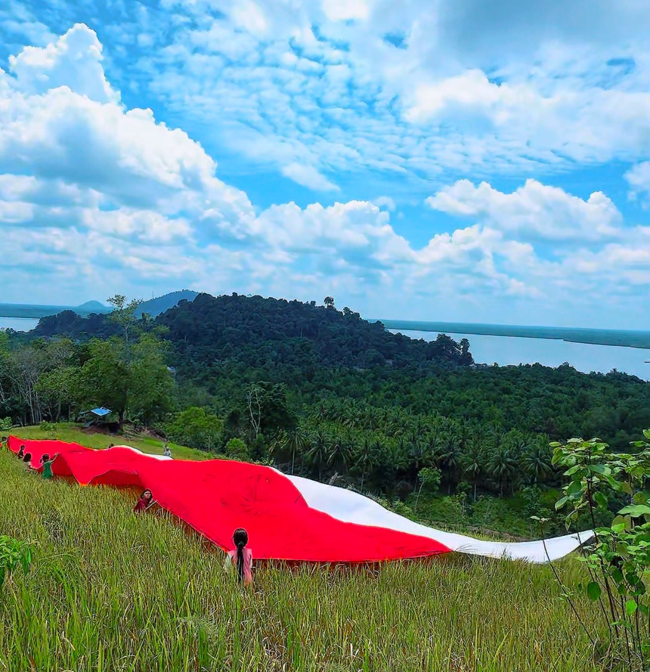 BENDERA: Penampakan bendera merah putih berukuran 20 x 8 meter yang dibentangkan di Bukit Lalang, Kecamatan Batu Ampar, Kabupaten Kubu Raya, dalam kegiatan Ekspedisi Kebaikan Merah Putih.