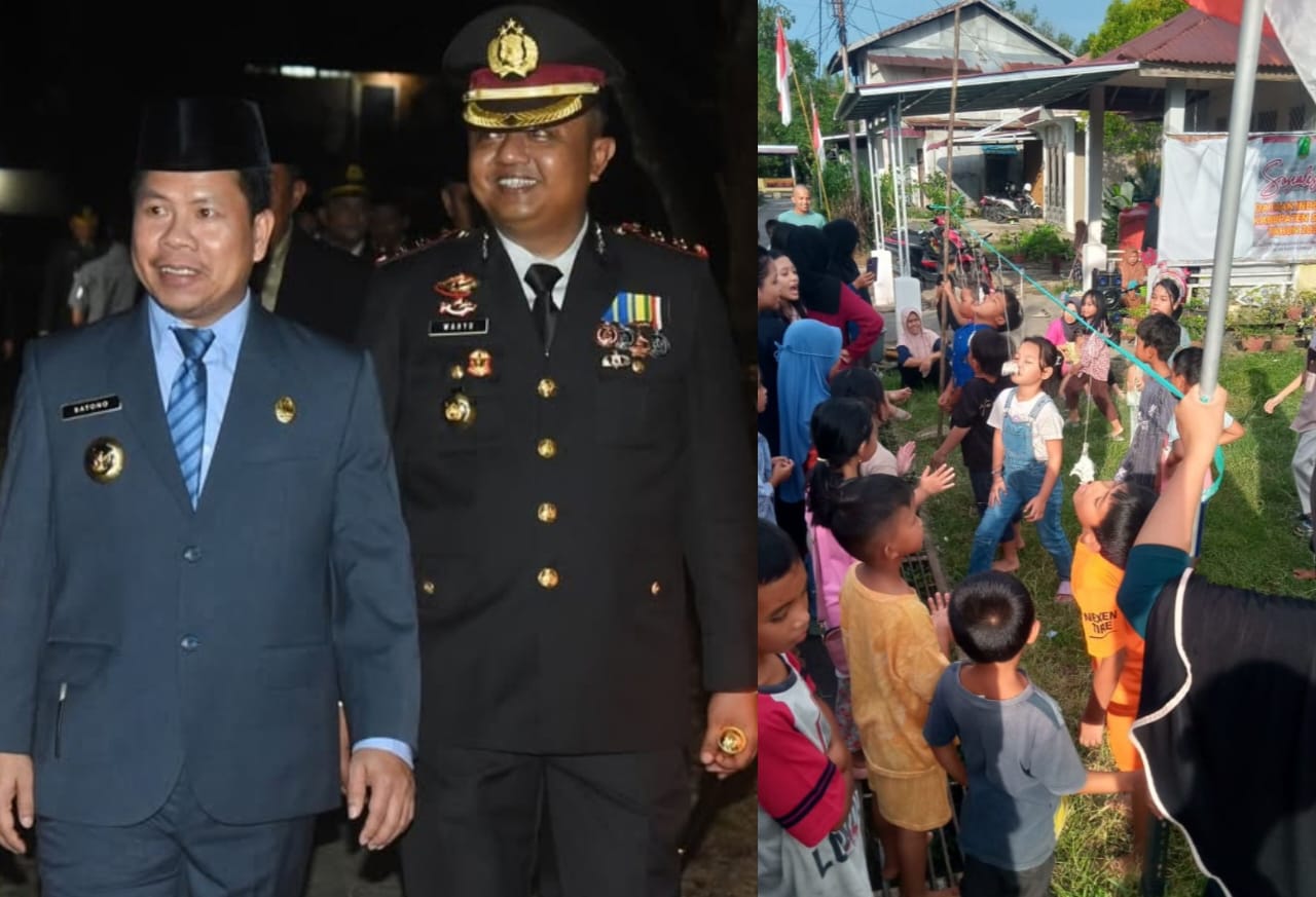 Bupati dan Kapolres Sambas saat di Taman Makam Pahlawan usai kegiatan renungan suci. Kegiatan lomba tradisional digelar warga untuk semarakkan kemerdekaan.