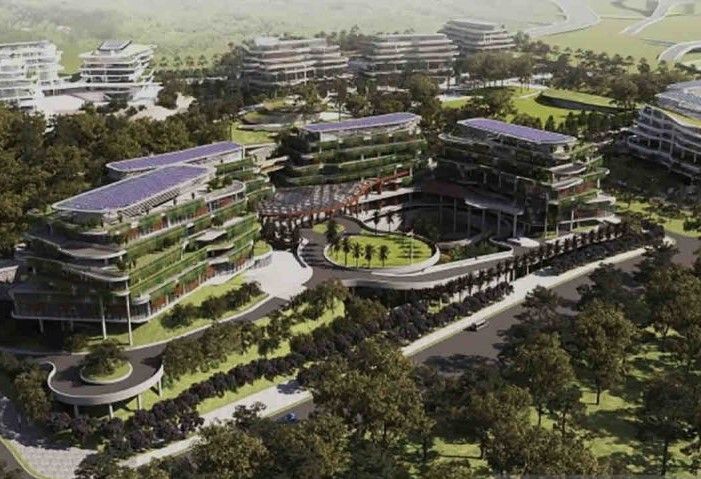 Desain bangunan Gedung dan Kawasan Kantor Kementerian Koordinator Bidang Perekonomian di IKN Nusantara.