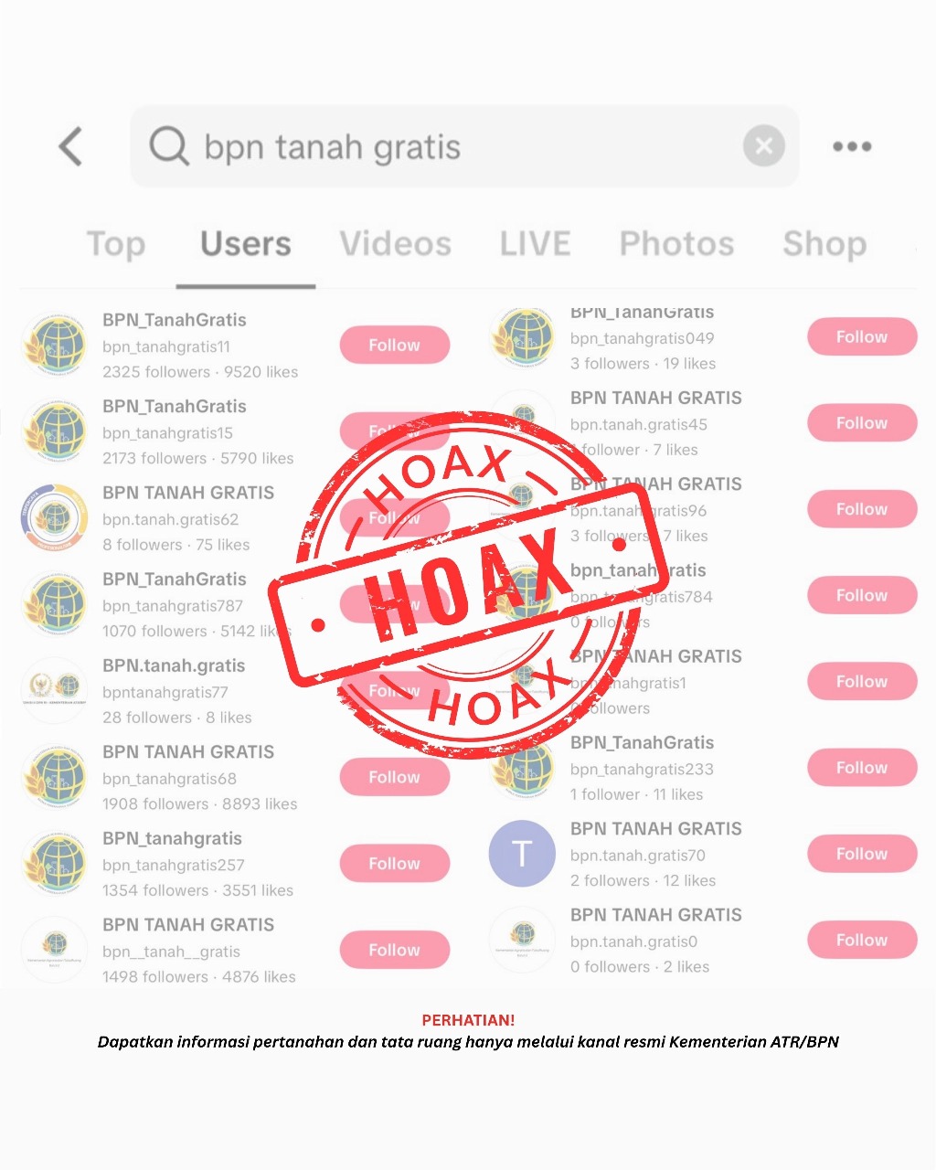 Informasi &ldquo;BPN Tanah Gratis&rdquo; yang beredar di platform TikTok Adalah hoaks.