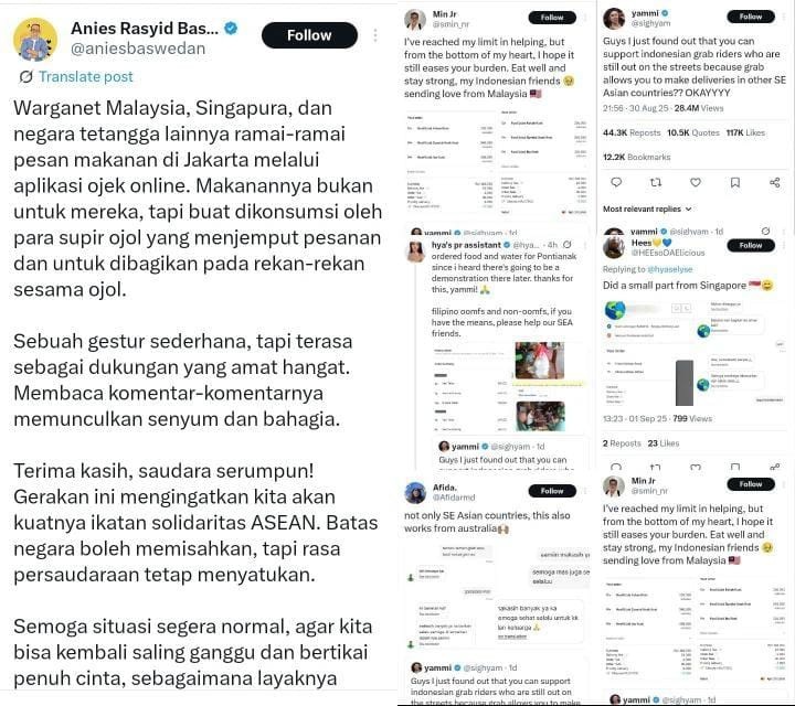 Netizen lintas negara ramai-ramai memesan makanan melalui aplikasi Grab untuk para pengemudi ojek online (ojol) di Indonesia.