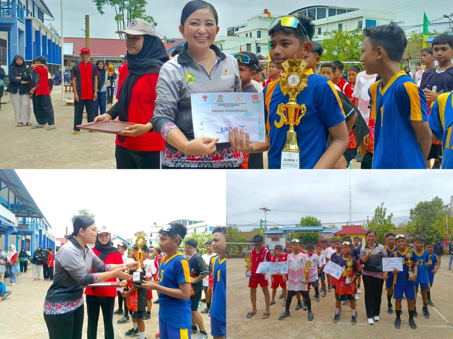 HADIAH: Penyerahan hadiah kepada pemenang Turnamen Bola Sundul antar Sekolah Dasar se-Kabupaten Sanggau, kemarin