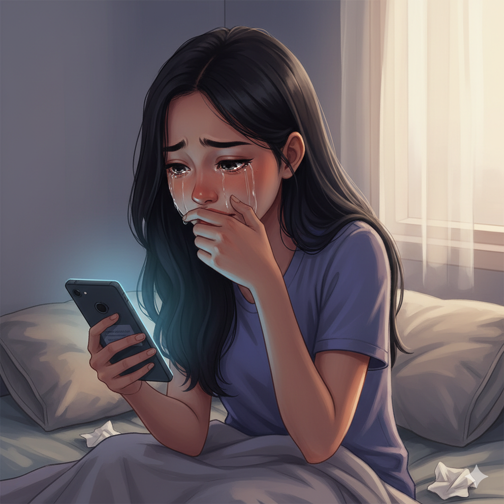 Ilustrasi seseorang depresi bermain smartphone.