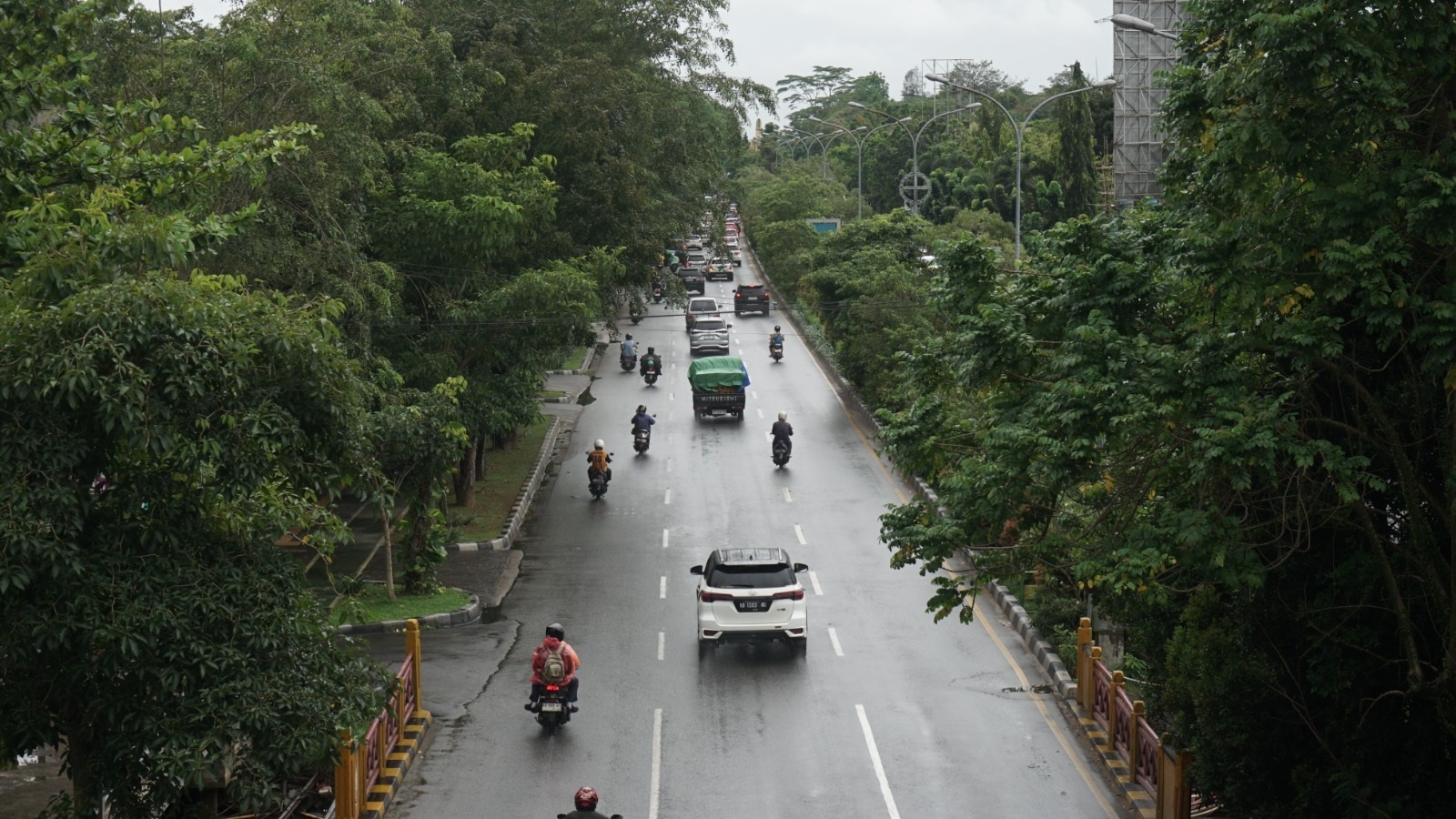 RAWAN TUMBANG: Kendaraan melintas di Jalan Ahmad Yani, Pontianak, yang banyak dijumpai pepohonan rindang. Instansi terkait diminta melakukan pengecekan berkala agar tidak ada musibah pohon tumbang yan
