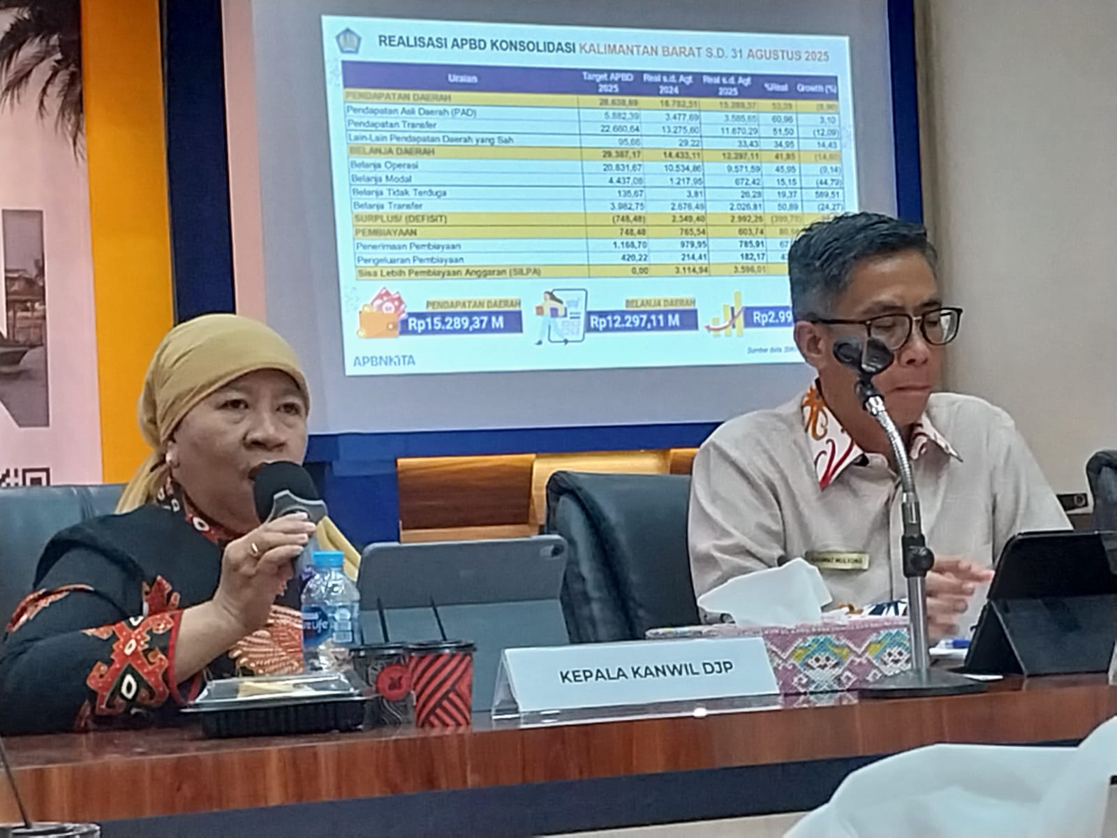 Kepala Kanwil DJP Kalimantan Barat, Inge Diana Rismawanti (kiri) saat menyampaikan paparan dalam kegiatan Konferensi Pers APBN Kalimantan Barat Edisi Bulan September 2025 di Aula Kanwil DJPb Kalbar.