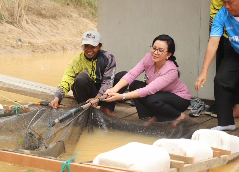 PANEN UDANG GALAH: Bupati Landak Karolin Margret Natasa bersama Komunitas Pemancing Lancang Kuning memanen udang galah di Sungai Landak, Ngabang.