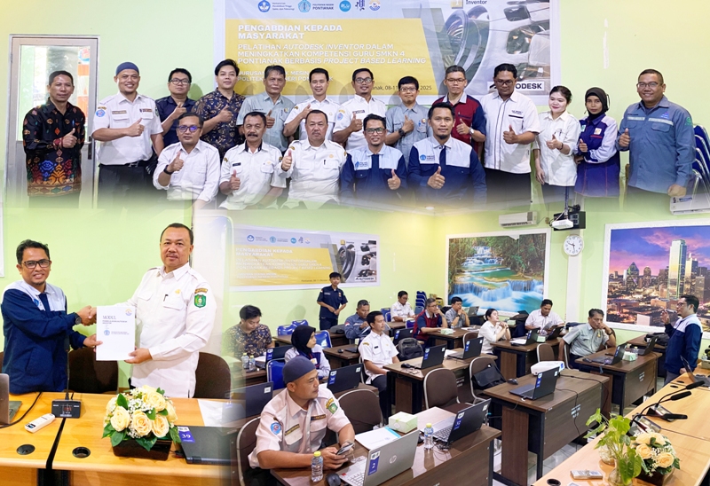 MENINGKATKAN: Tim PKM Jurusan Teknik Mesin Polnep memberikan pelatihan autodesk inventor berbasis project based learning, sebagai upaya meningkatkan kompetensi guru SMKN 4 Pontianak.