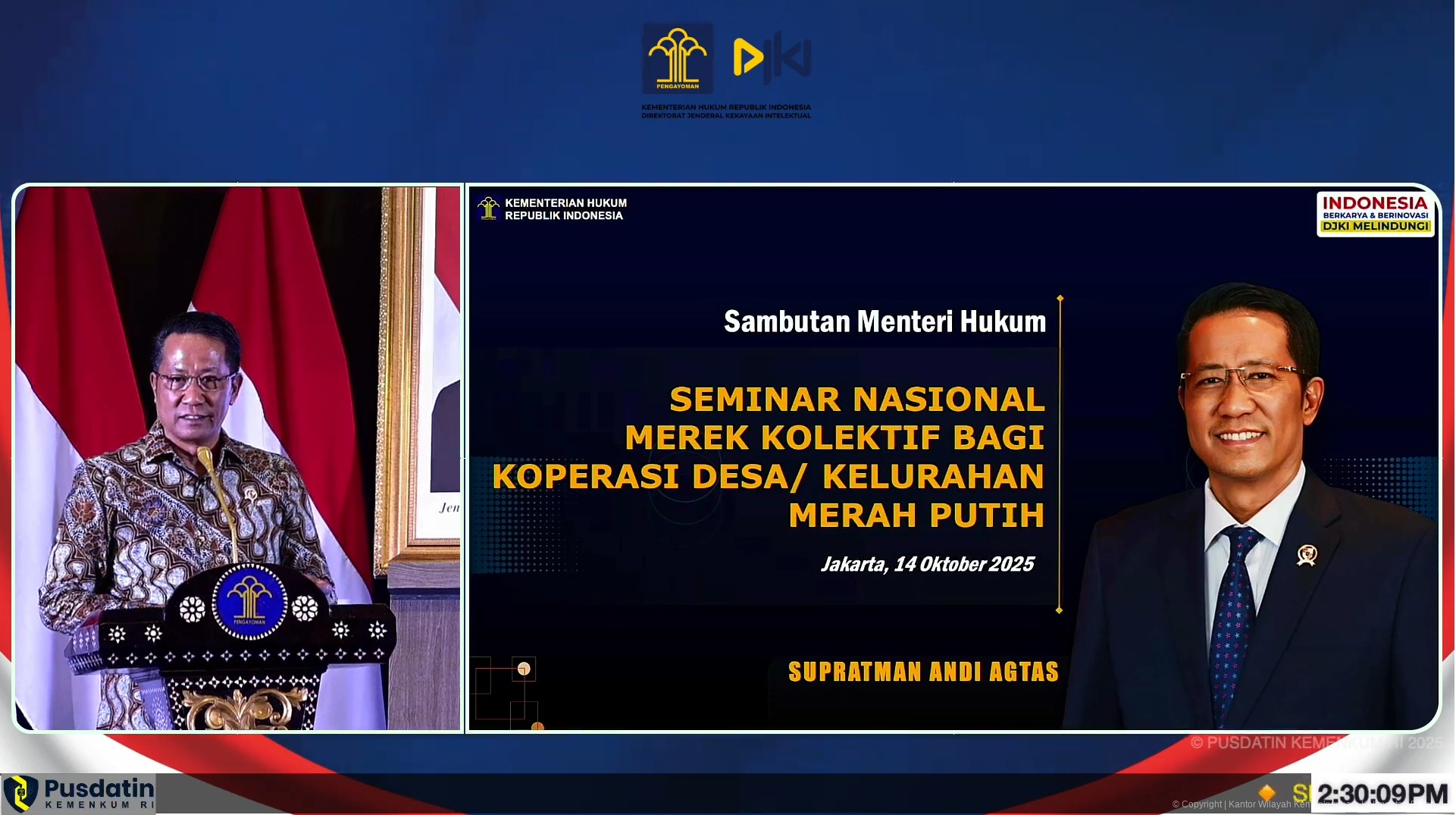 Kanwil Kemenkum Kalbar mengikuti seminar nasional diselenggarakan oleh Direktorat Jenderal Kekayaan Intelektual (DJKI) Kementerian Hukum dan HAM RI, Selasa (14/10).