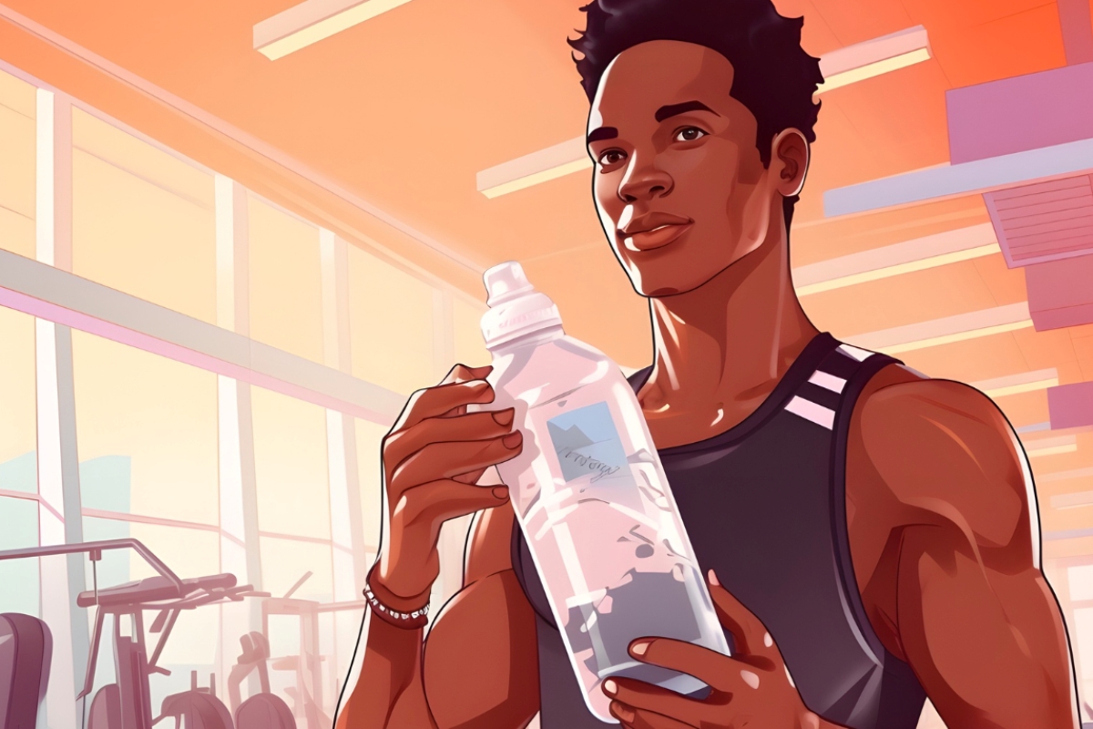 Ilustrasi pria sedang menyiapkan minuman whey protein setelah berolahraga.