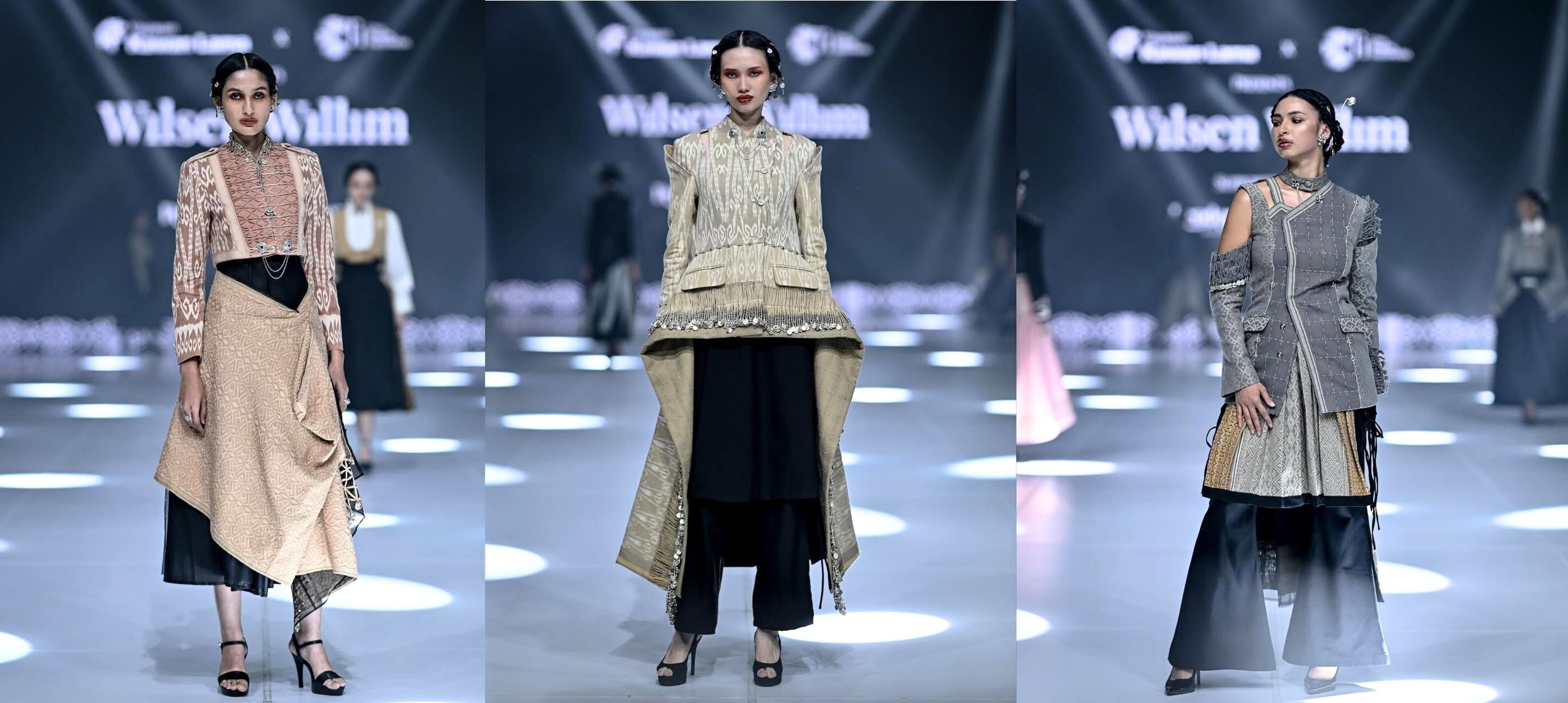 Koleksi LIMINAL karya desainer Wilsen Willim menampilkan busana yang memadukan tenun iban di Jakarta Fashion Week 2026. [Foto: Instagram/@wilemeillimofficial]