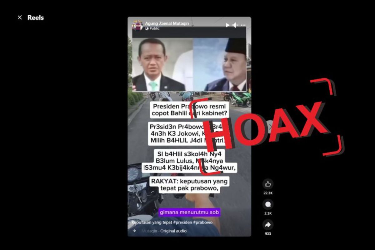 Video dengan narasi Presiden Prabowo pecat Bahlil dari kabinet adalah hoaks.