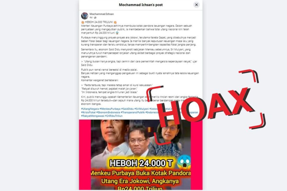Konten di Facebook dengan narasi utang luar negeri Indonesia mencapai Rp24 ribu triliun.