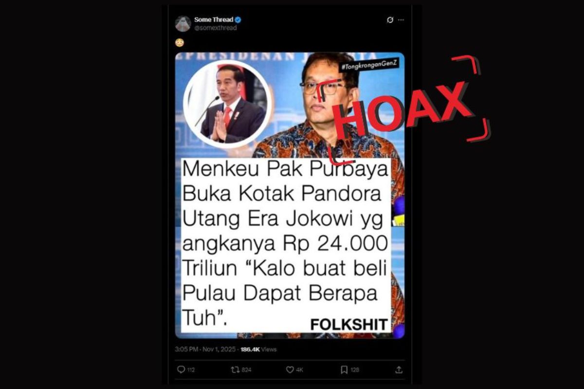 Konten di X dengan narasi utang luar negeri Indonesia mencapai Rp24 ribu triliun.