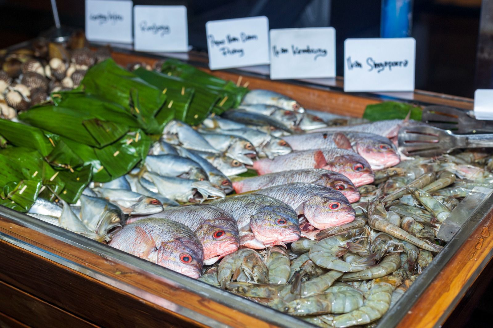 Pilihan seafood segar, termasuk ikan, udang, dan kerang, di buffet &lsquo;Taste of the Sea.