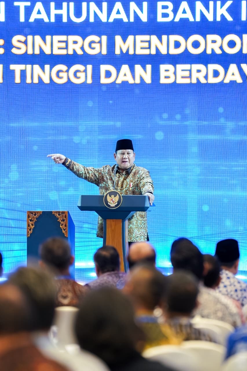 ARAHAN: Presiden Prabowo Subianto memberi arahan dalam Pertemuan Tahunan Bank Indonesia 2025 yang memaparkan prospek ekonomi nasional di tengah ketidakpastian global.&nbsp;