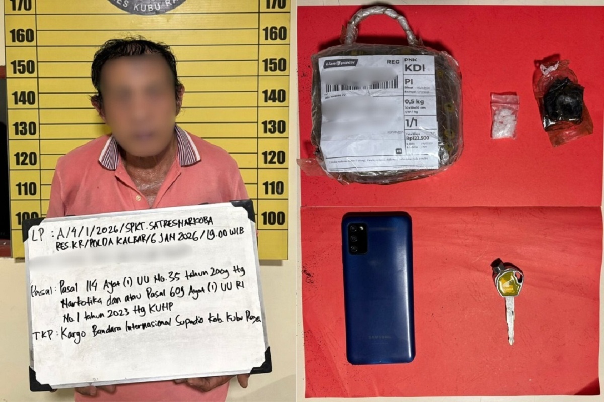 KURIR NARKOBA: Tersangka SY, kurir narkoba yang ditangkap di Bandara Supadio beserta barang bukti yang diamankan.