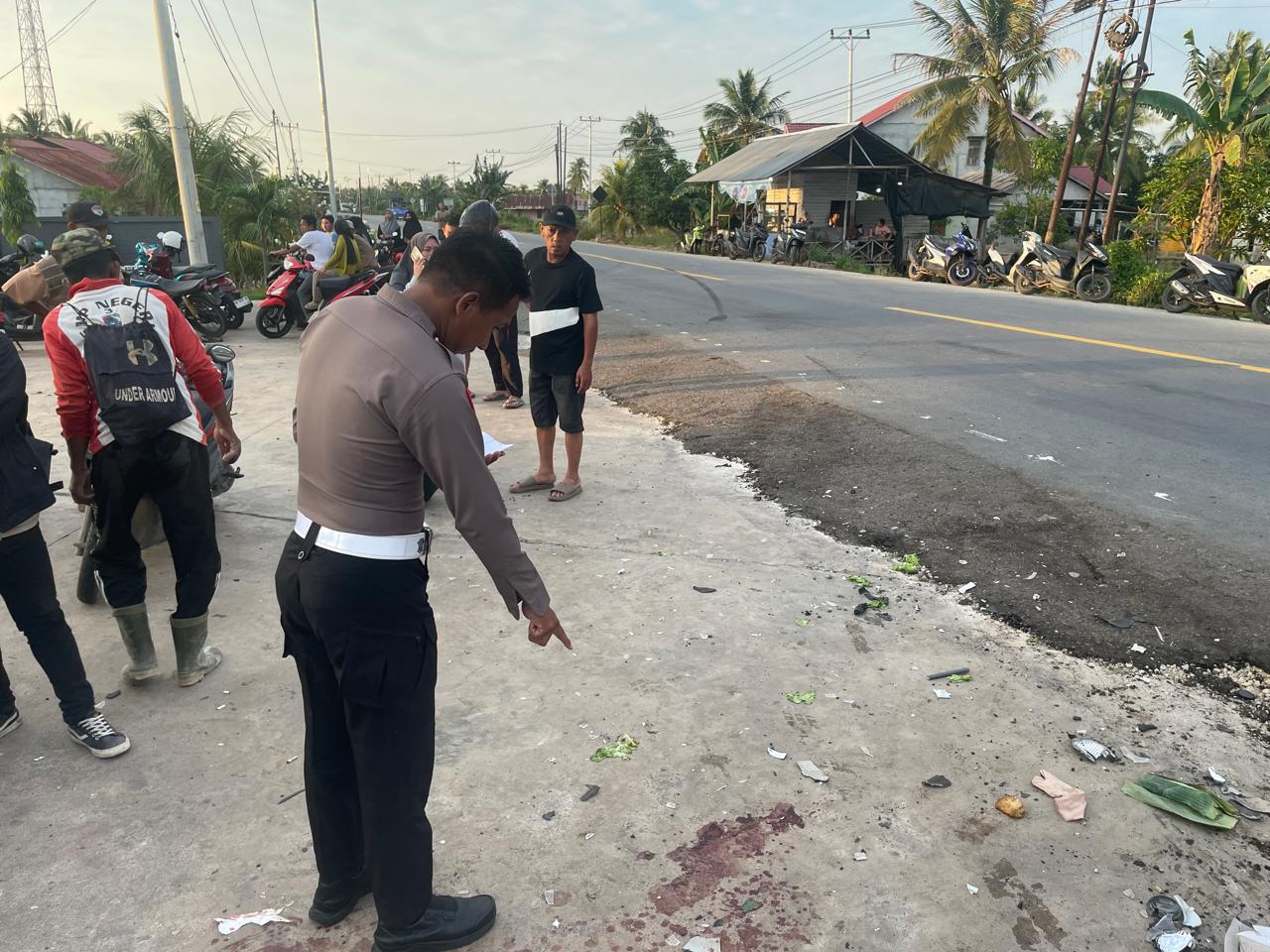 TKP: Anggota kepolisian menunjukan lokasi kecelakaan.