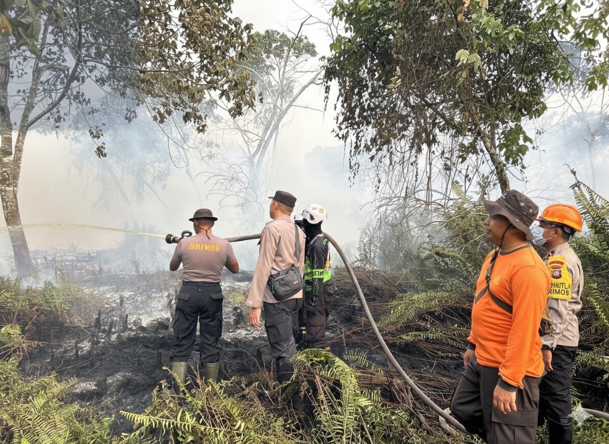 PADAMKAN: Petugas gabungan memadamkan kebakaran lahan di Kabupaten Kubu Raya saat jeda hujan memicu lonjakan titik api dan penurunan kualitas udara di Kalimantan Barat.