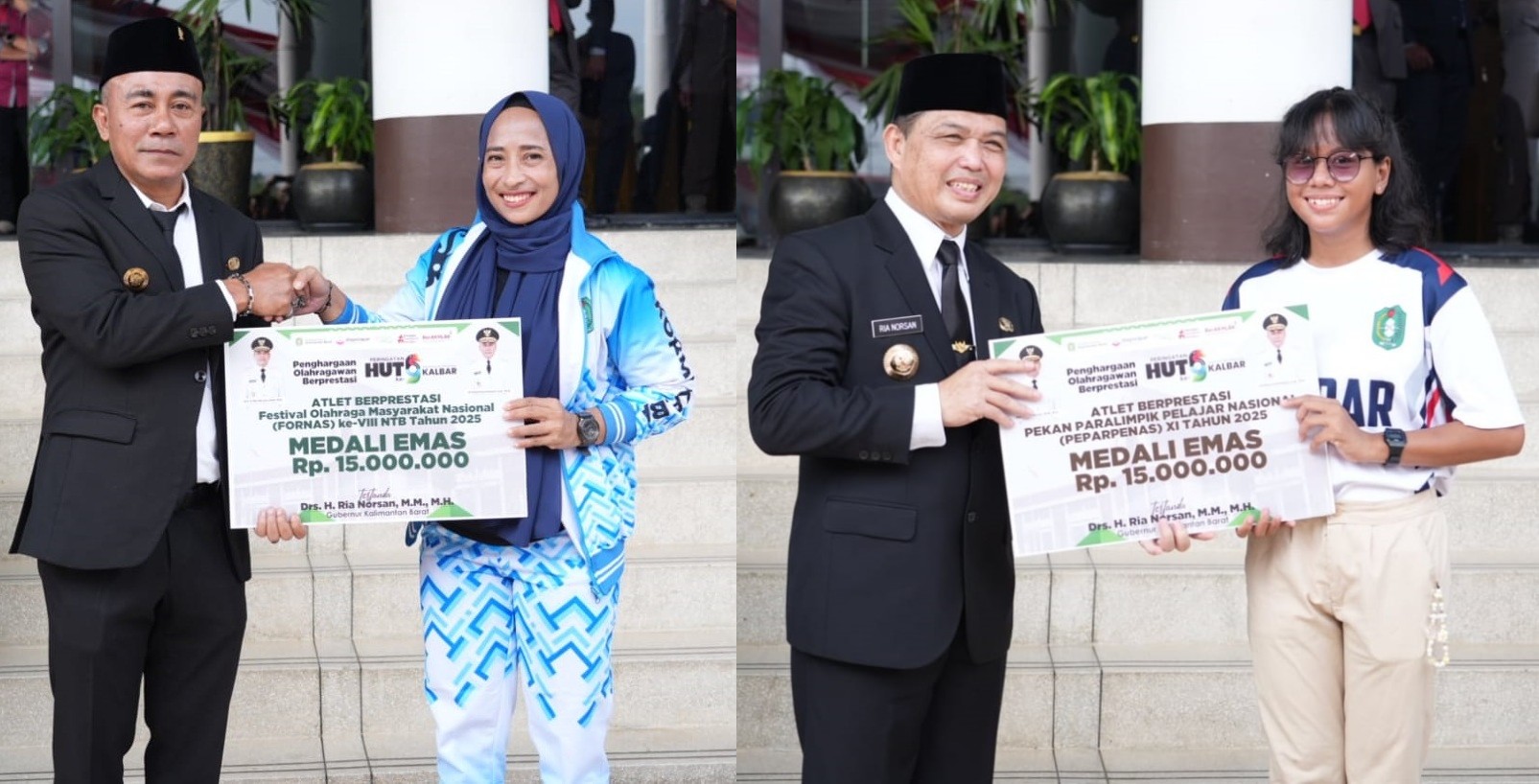 PENGHARGAAN: Gubernur Kalbar Ria Norsan dan Wakil Gubernur Kalbar Krisantus Kurniawan menyerahkan penghargaan kepada atlet berprestasi.