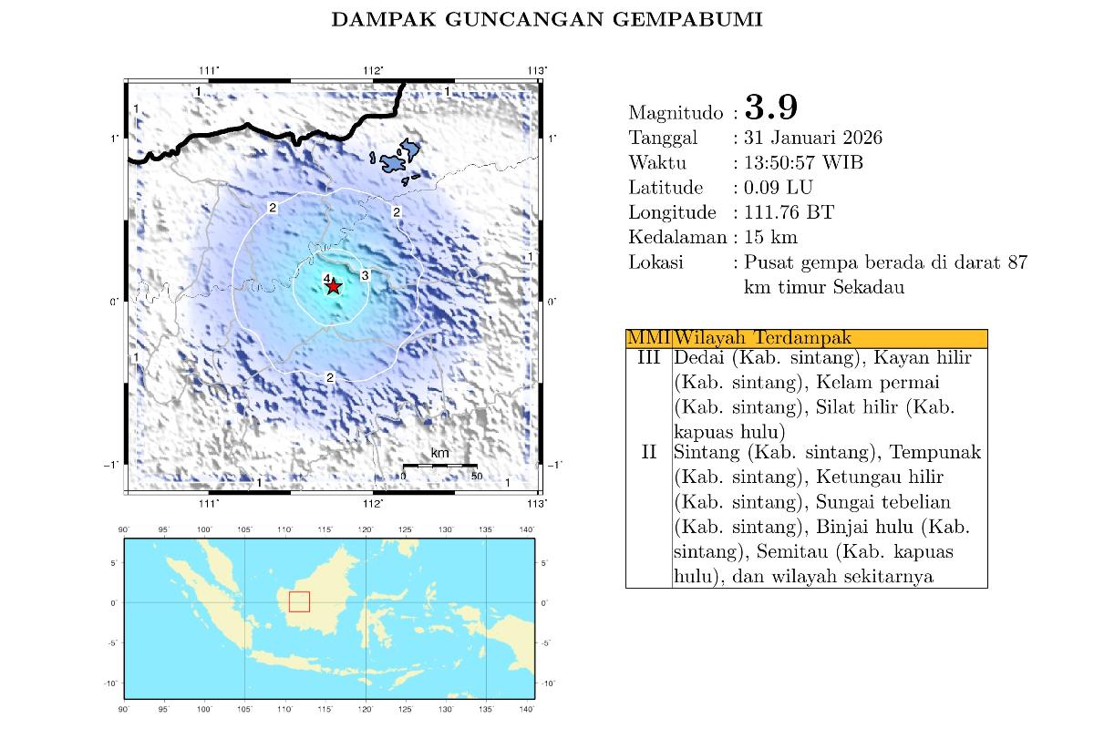 Episentrum gempa bumi teknonik Magnitudo 3.9 di Kabupaten Sintang pada Sabtu (31/1).