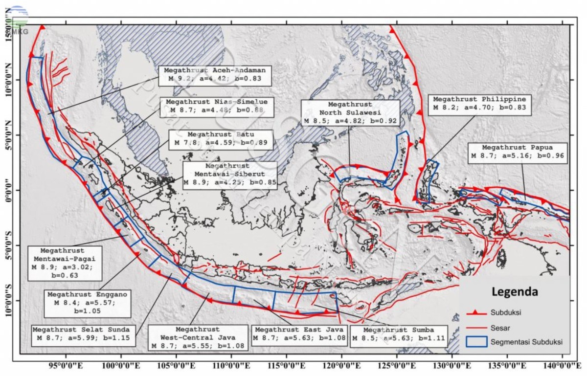 Peta zona megathrust di Indonesia pada 2017.