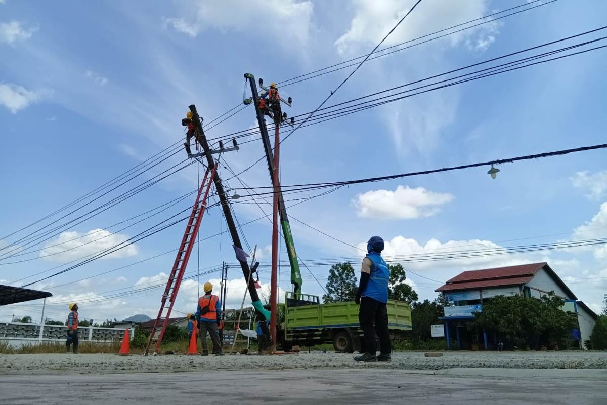Petugas PLN UP3 Mempawah tengah melakukan pemeliharaan jaringan distribusi berupa penggantian tiang Saluran Udara Tegangan Menengah (SUTM) di Anjungan Melancar, Sungai Pinyuh, Kabupaten Mempawah.